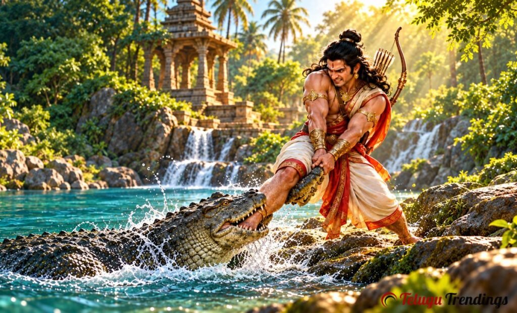 అర్జునుడు మొసలి కథ: అర్జునుడు మొసలిని తీర్థం ఒడ్డుకు లాగుతున్న దృశ్యానికి కళాత్మక చిత్రం