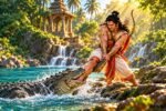 అర్జునుడు మొసలి కథ: అర్జునుడు మొసలిని తీర్థం ఒడ్డుకు లాగుతున్న దృశ్యానికి కళాత్మక చిత్రం