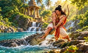 అర్జునుడు మొసలి కథ: అర్జునుడు మొసలిని తీర్థం ఒడ్డుకు లాగుతున్న దృశ్యానికి కళాత్మక చిత్రం