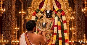 పూజలో దేవుడికి అద్దం ఎందుకు చూపిస్తారు అనే అంశాన్ని చూపించే దర్పణ సేవ భావచిత్రం