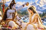 మహాగౌరి కథలో ఎదురెదురుగా కూర్చున్న శివపార్వతులు, అమ్మవారి తలపై గంగాజలం పోస్తున్న శివుడు