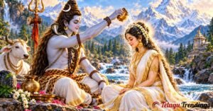 మహాగౌరి కథలో ఎదురెదురుగా కూర్చున్న శివపార్వతులు, అమ్మవారి తలపై గంగాజలం పోస్తున్న శివుడు