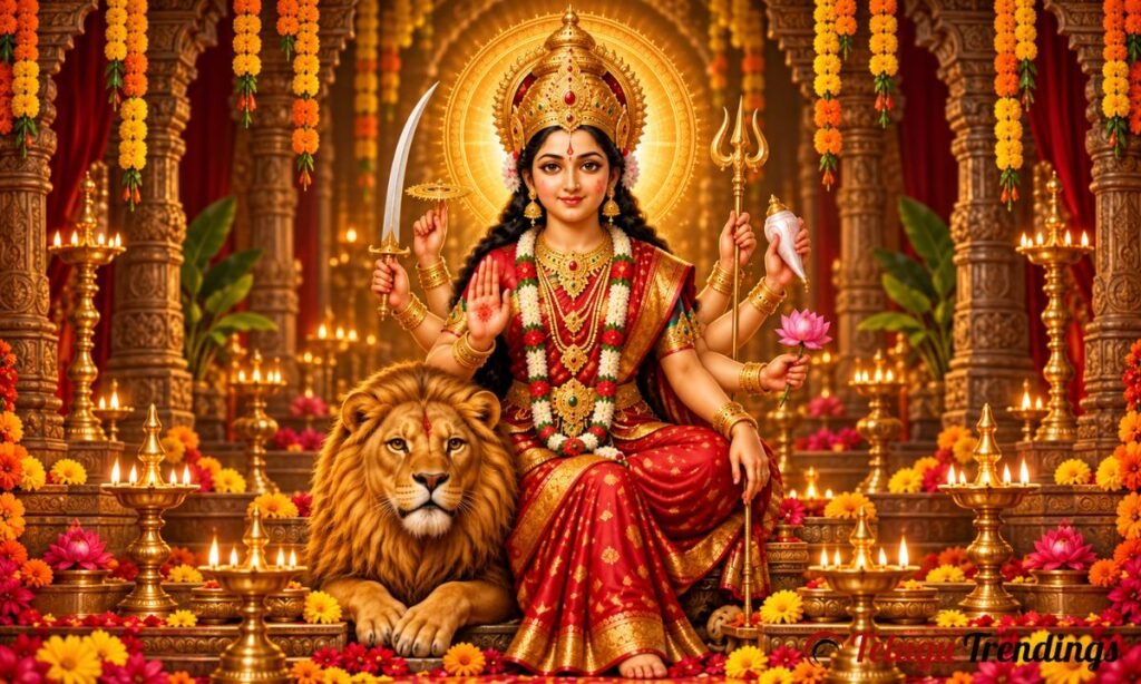 నవరాత్రులు 2026 ప్రారంభ తేదీలు, పూజా విశేషాల శీర్షికతో సింహవాహిని దుర్గామాత చిత్రం