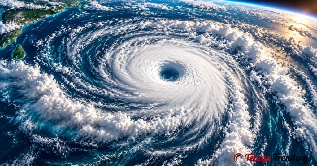 సముద్రంలో తుఫాను ఎలా పుడుతుంది — తుఫాను కన్ను చుట్టూ చక్రంలా విస్తరించిన మేఘాలు
